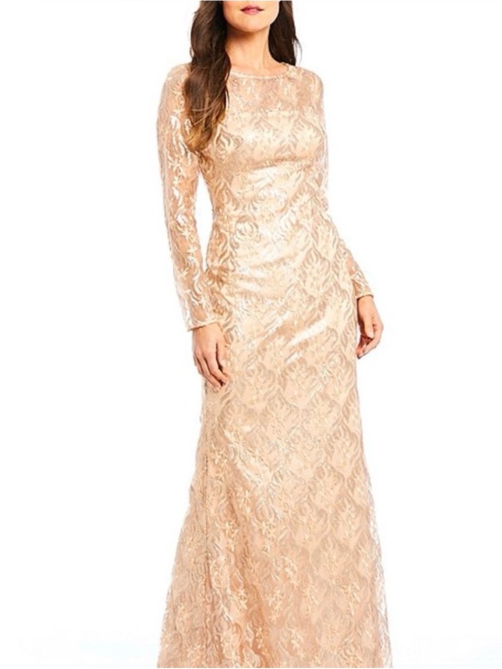 Eliza J Rose Gold Lace Long-Sleeve Evening Gown